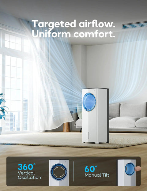 Windowless Portable Air Conditioner For Any Room, 26.1-Inch Evaporative Cooler No Window Needed, standing in a living room