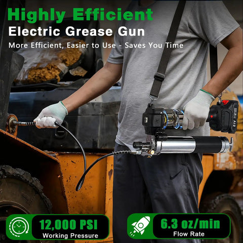 Person using Cordless Grease Gun 12000 PSI Kit With 2 Rechargeable Batteries 39.4 Inch Flexible Hose LED Light on heavy equipment.