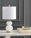 Ribbed Gourd Glass Table Lamp In White And Brass Gold Dope Modern Bedside Light With White Linen Drum Shade 20 Inch Tall LED Bulb Included Perfect For Bedroom Or Living Room on table