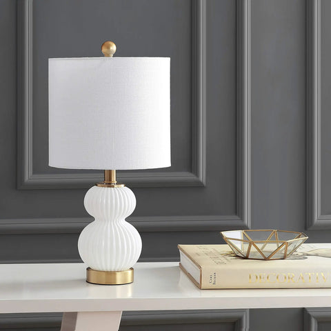 Ribbed Gourd Glass Table Lamp In White And Brass Gold Dope Modern Bedside Light With White Linen Drum Shade 20 Inch Tall LED Bulb Included Perfect For Bedroom Or Living Room on table