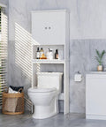 Top Shelf Over The Toilet Storage Cabinet, 23.6W x 9.1D x 65.4H white wood unit above toilet with shelves.