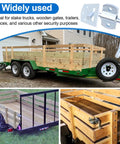 Pro Grade Truck Stake Bed Latches Bracket Set With Tough As Nails Corner Connectors and No Sweat Straight Side Gate Hardware for Easy Hookup on Trailers Wagons and Wood Fencing on a trailer.
