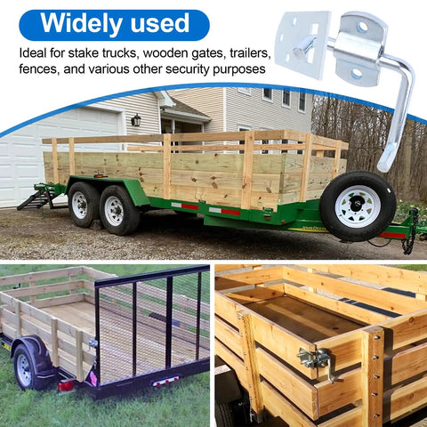 Pro Grade Truck Stake Bed Latches Bracket Set With Tough As Nails Corner Connectors and No Sweat Straight Side Gate Hardware for Easy Hookup on Trailers Wagons and Wood Fencing on a trailer.
