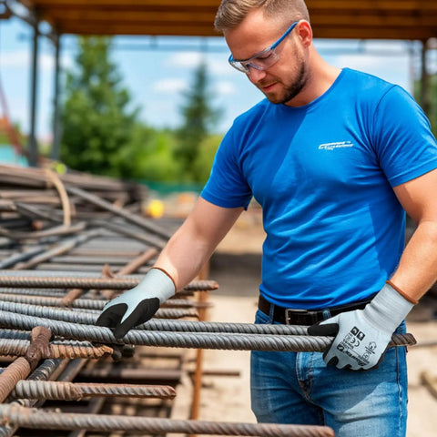 Person in blue shirt wearing Six Pairs Heavy Duty Work Gloves With Sandy Nitrile Coating, holding metal rods at construction site.