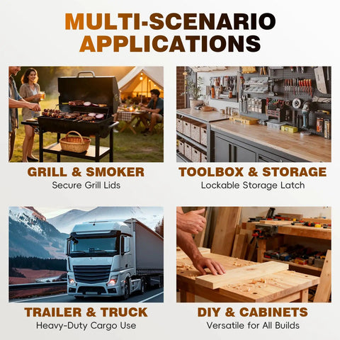 Multi-scenario use for Two Pack Toggle Latch Clamp Kit with grill, toolbox, truck, and DIY applications featured.