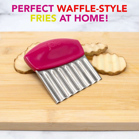 Joie crinkle cutter knife with pink handle and stainless steel wavy blade for slicing potatoes, vegetables and fruits.