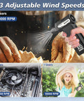 Cordless Air Duster Turbo Power 180,000 RPM With Brushless Motor, 3 Gear Adjustable Speed And Nozzle Kit, shown with different uses