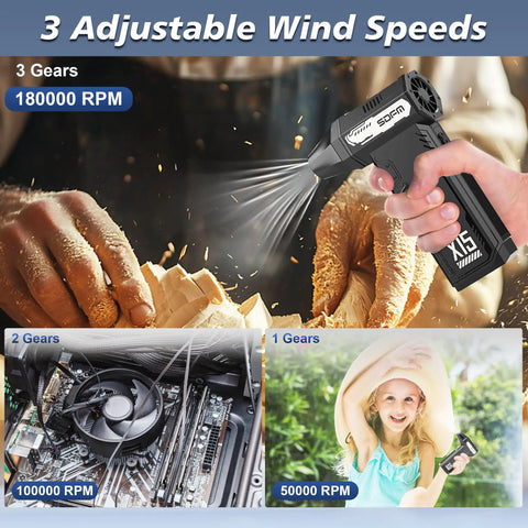 Cordless Air Duster Turbo Power 180,000 RPM With Brushless Motor, 3 Gear Adjustable Speed And Nozzle Kit, shown with different uses