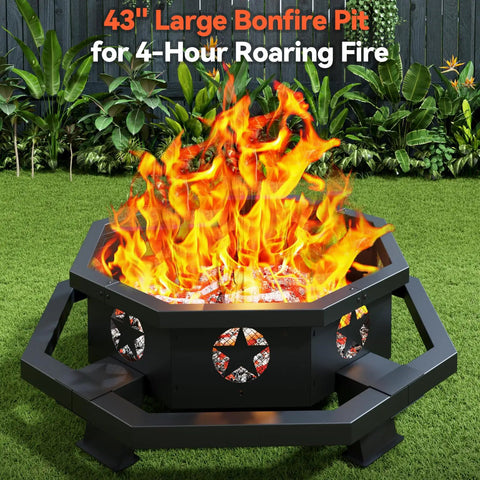 43 Inch Large Outdoor Wood Burning Fire Pit With Heavy Duty Construction For Backyard, Patio Or Camping, Octagonal Fire Pit