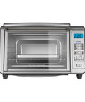 Front view of Six Slice Digital Convection Countertop Toaster Oven With Stainless Steel Finish, showing timer and controls