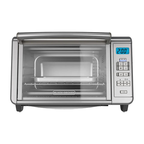 Front view of Six Slice Digital Convection Countertop Toaster Oven With Stainless Steel Finish, showing timer and controls