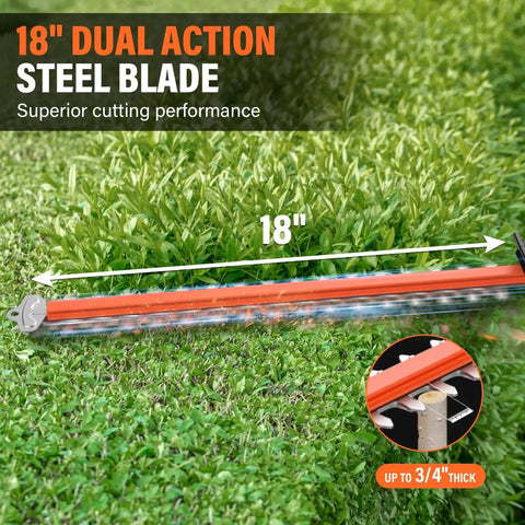 Cordless Pole Hedge Trimmer With 18-Inch Blades, Up To 16-Foot Reach, cutting thick hedge foliage.