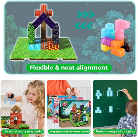 150 Piece Magnetic Blocks Set With 6 Base Plates, Magnetic Building Kit For Kids, includes cubes on base plates with kids playing