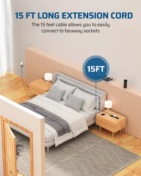 Bedroom setup with Six Outlet Power Strip Surge Protector With Fifteen Foot Extension Cord Low Profile Flat Plug UL Listed.
