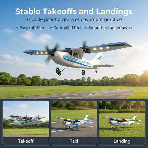 Beginner Friendly 2.4GHz RC Plane With 3 Axis Gyro taking off and landing on grass field, featuring tricycle gear.