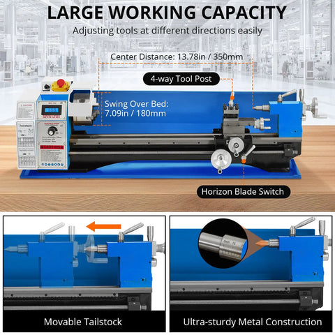 9 Inch Benchtop Metal Lathe With 1100W Variable Speed Motor, Precision Mini Turner For DIY Metalworking Projects, showing a movable tailstock.