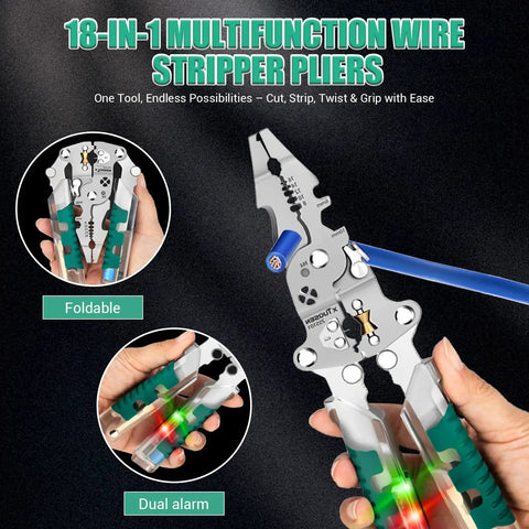 18 In 1 Foldable Wire Stripper And Multi Tool Pliers For Electricians showing foldable design and dual alarm features.