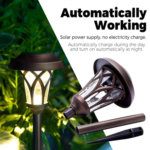 6 Pack Solar Pathway Lights Outdoor Set, Durable Metal, Glass And ABS Build, illuminated in garden, showing auto on feature