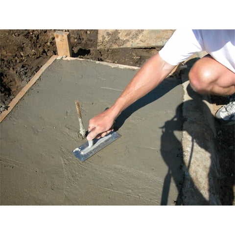 Worker using Mini Trowel For Finishing Concrete 8 Inch By 3 Inch Carbon Steel Blade With Lightweight Aluminum Xtralite Mounting
