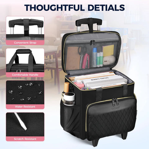 Rolling Teacher Bag With Detachable Dolly And File Compartment, open view showing pockets, laptop sleeve, and organizer, in classroom setting.