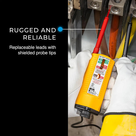 Electrician using Vol-Con Solenoid Voltage Tester For Electricians, CAT III 600V Safety Rated, AC DC Voltage Detection with Vibrating Alert.