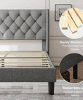 Super Solid Queen Bed Frame With Upholstered Wingback Headboard And Heavy Duty Wooden Slats Support, Noise Free Platform Bed With No Sweat Setup And Darn Good Build Quality, Light Gray showing tufted headboard and sturdy wooden slats.