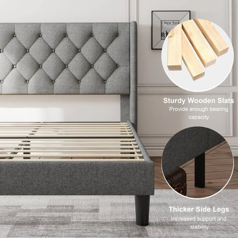 Super Solid Queen Bed Frame With Upholstered Wingback Headboard And Heavy Duty Wooden Slats Support, Noise Free Platform Bed With No Sweat Setup And Darn Good Build Quality, Light Gray showing tufted headboard and sturdy wooden slats.