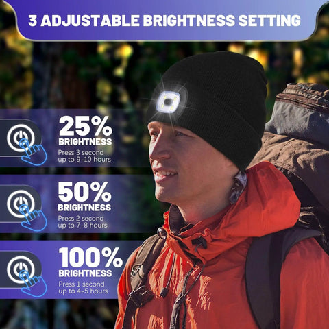 Man wearing Rechargeable LED Beanie With Built In Light, USB Powered Winter Knit Hat, adjusting brightness settings, outdoor use.