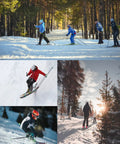 Skiers enjoying snowy trails, showcasing gear similar to Waterproof Softshell Snow Pants For Men With Insulated Fleece Lining.