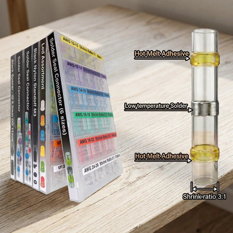 150Pcs Solder Seal Wire Connectors Marine Grade Heat Shrink Butt Splice Terminals packaging and features infographic