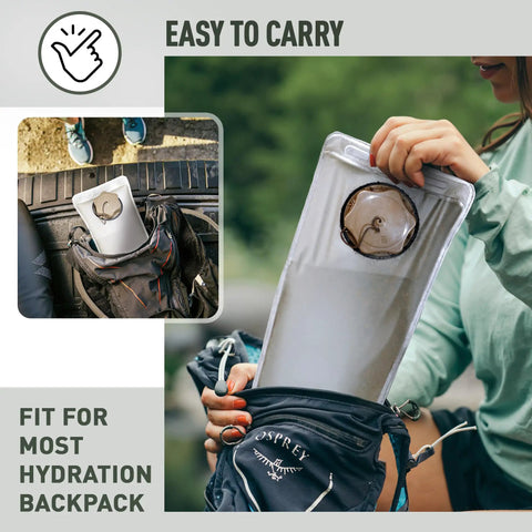 Woman inserting 3L hydration backpack 3L water bladder with food grade TPU into daypack, outdoors setting.