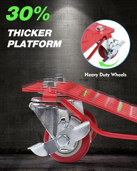 Close-up of Heavy Duty Carbon Steel Tire Wheel Dollies Set Of 4 Car Movers with anti-skid plate and 360-degree wheels.
