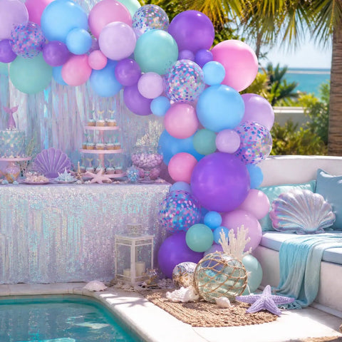 Sea Theme Confetti Balloons Party Kit 50Pcs 12 Inch Iridescent Pink Purple Blue Teal for princess party décor, poolside setup