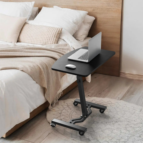 Height Adjustable Laptop Rolling Cart For Ergonomic Workstation Use beside bed, black finish with locking knob and smooth casters