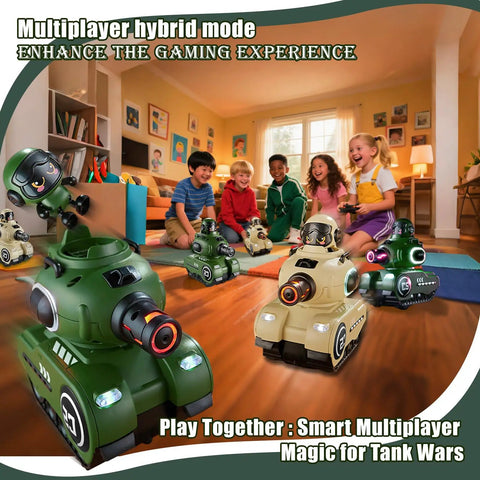 Children playing with 2 Pack Infrared RC Battle Tanks With Realistic Sound Effects, Remote Control Tank Set in a living room.