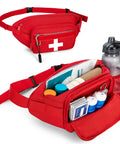 Rugged First Aid Fanny Pack With MOLLE System Lifeguard Emergency Medical Waist Bag For Hiking Camping And Work Includes Whistle D Ring Front Patch Panel Red, open with contents visible and water bottle beside.