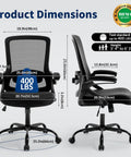 Ergonomic Office Chair With Adjustable Lumbar Support And Breathable Mesh Flip Up Armrests All Day Cozy Comfort For Home Or Office Adjustable Height Back Supporting Task Chair Built For Long Hours Black with dimensions and weight capacity details displayed.