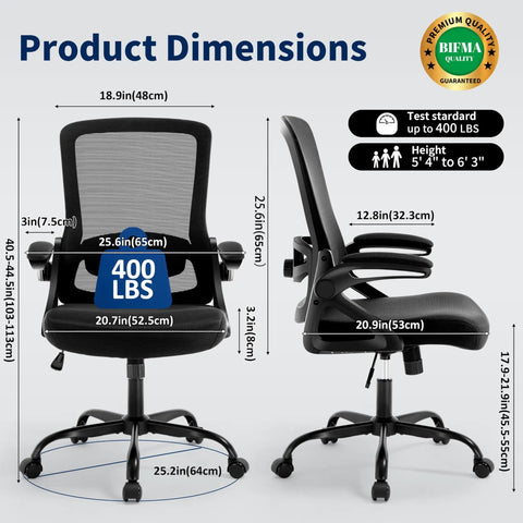Ergonomic Office Chair With Adjustable Lumbar Support And Breathable Mesh Flip Up Armrests All Day Cozy Comfort For Home Or Office Adjustable Height Back Supporting Task Chair Built For Long Hours Black with dimensions and weight capacity details displayed.