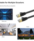 Cat 7 Ethernet Cable 25 Ft Ultra Fast 10Gbps Shielded Flat LAN Patch Cord For Gaming And Streaming PS5 PS4 Xbox shown in various settings