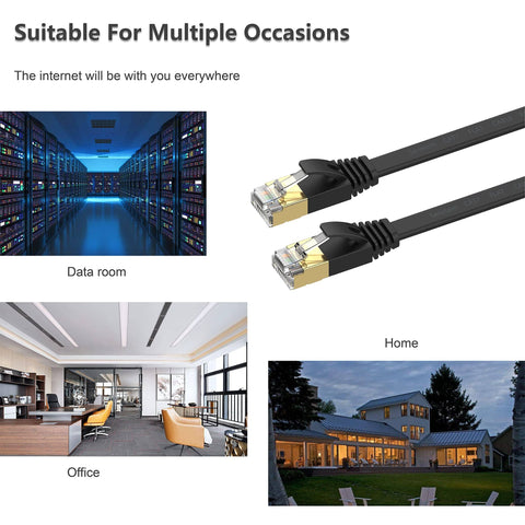 Cat 7 Ethernet Cable 25 Ft Ultra Fast 10Gbps Shielded Flat LAN Patch Cord For Gaming And Streaming PS5 PS4 Xbox shown in various settings