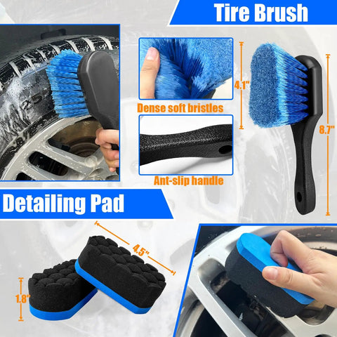 Car Wheel Cleaning Kit With Soft Drill Wheel Cleaner Brush And Detailing Pads showing tire brush and detailing pad close-up