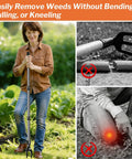 Woman using Stand Up Weed Puller Tool With 45 Inch Steel Handle And Four Claw Head For Upright Weeding No Bending Or Kneeling