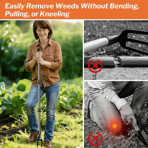 Woman using Stand Up Weed Puller Tool With 45 Inch Steel Handle And Four Claw Head For Upright Weeding No Bending Or Kneeling
