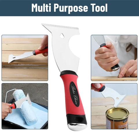 8 In 1 Paint Scraper Tool With Metal Hammer End Durable Stainless Steel Painters Tool in use for scraping and opening can