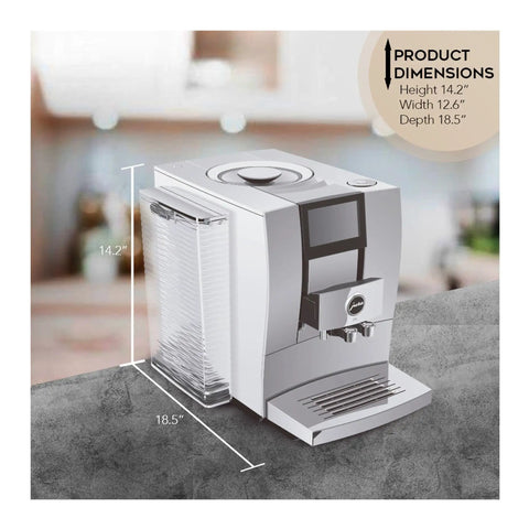 Z10 32 Specialties Automatic Coffee Machine Bundle With Glass Milk Container on kitchen counter showing dimensions.