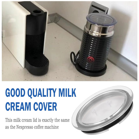 Milk Frother Lid Replacement For Aeroccino 3 And Aeroccino 3R, Fits 3593 And 3594 Parts, shown on a kitchen counter next to a frother.