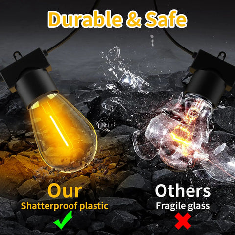 Comparison of shatterproof and fragile LED bulbs, focusing on durability in 96 Foot LED Outdoor String Lights With Shatterproof S14 Bulbs 2700K Warm White For Patio Backyard Porch Garden Waterproof Heavy Duty Commercial Grade Built For Weddings Markets Cafes Parties And Outdoor Events To Create Chill Vibes.