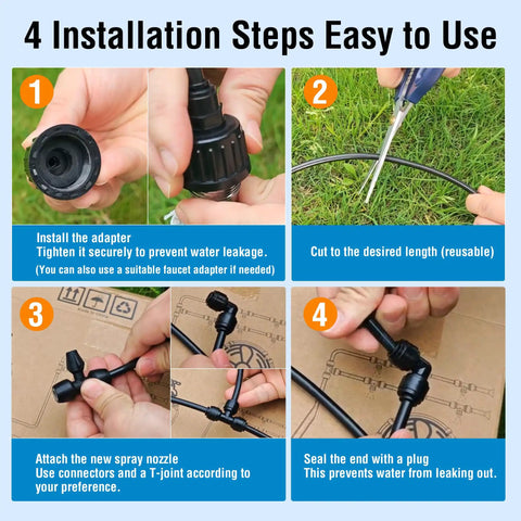 4-step guide for installing Outdoor Patio Misting System Kit 20Ft with Upgraded 4th Gen Nozzles for instant cooling.