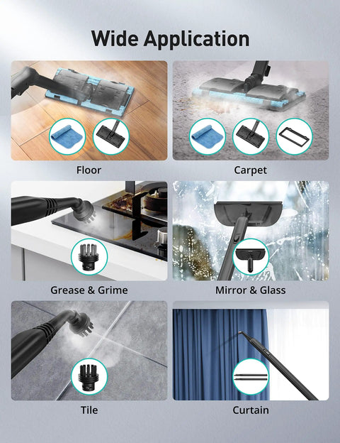 Wide application of Turquoise Heavy Duty Handheld Steam Cleaner Mop 293 Degree Heat on floors, carpets, tiles, and curtains.
