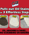 Oil Stain Be Gone Overnight Cleaner showing steps: apply, dry, brush for concrete driveways and garage floors with oil-eating microbes.